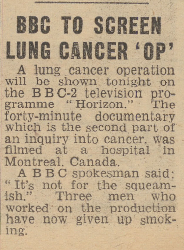 Newspaper Clipping: BBC to Screen Lung Cancer 'Op'