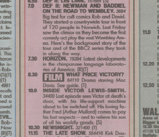 DAILY MIRROR TV GUIDE LISTING:
10.0 INSIDE VICTOR LEWIS-SMITH
Last episode sees Victor at death's door, with his life-support machine about to be switched off. His loving father Fred (Arthur Mullard) comes to pay his last respects - and to relieve his son of all his worldly goods.